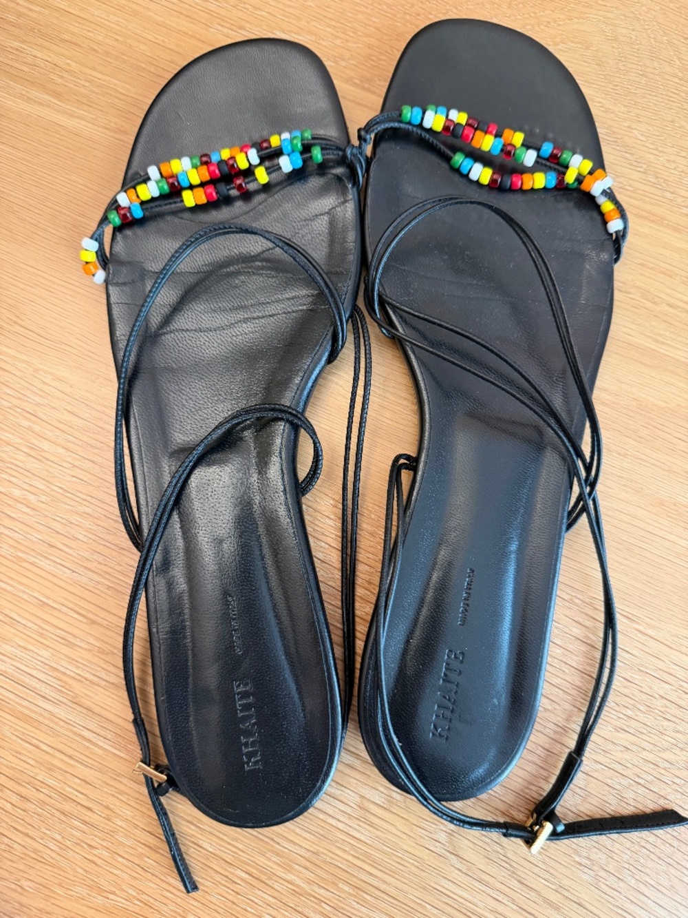 Khaite Loop Beaded Flat Sandals Black Leather Size 41